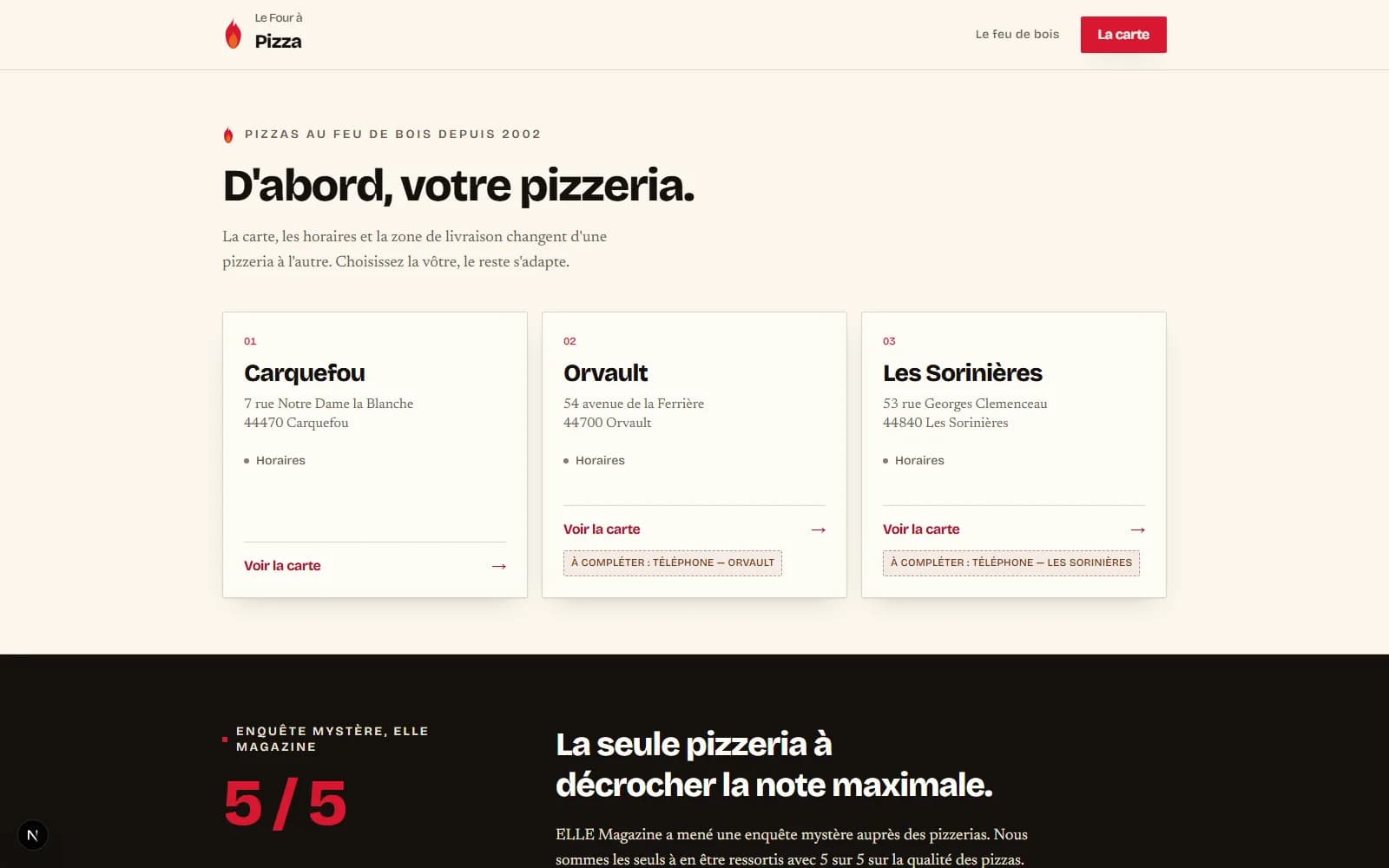 Page d'accueil du site du Four à Pizza à Carquefou, avec la carte des pizzas